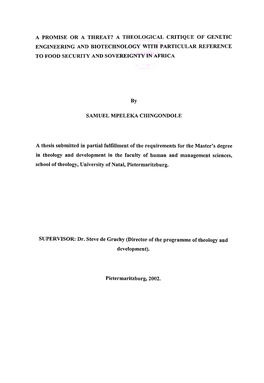 A Promise Or a Threat? a Theological Critique of Genetic Engineering and Biotechnology with Particular Reference to Food Security and Sovereignty in Africa