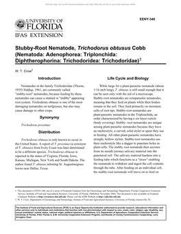 Stubby-Root Nematode, Trichodorus Obtusus Cobb (Nematoda: Adenophorea: Triplonchida: Diphtherophorina: Trichodoridea: Trichodoridae)1