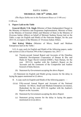 102 RAJYA SABHA THURSDAY, the 30TH APRIL, 2015 (The Rajya