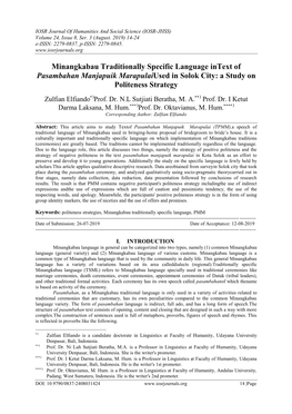 Minangkabau Traditionally Specific Language Intext of Pasambahan Manjapuik Marapulaiused in Solok City: a Study on Politeness Strategy