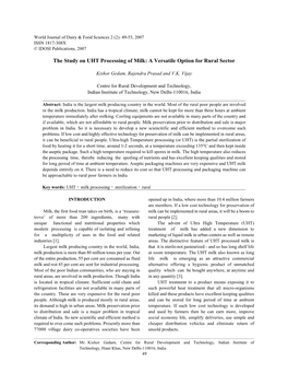 The Study on UHT Processing of Milk: a Versatile Option for Rural Sector