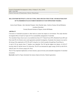 Relationship Between Land Use Types, Tree Species Structure and Regeneration of Watershed of Ijaye Forest Reserves in Southwestern Nigeria