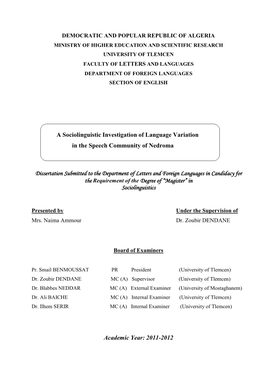 A Sociolinguistic Investigation of Language Variation in the Speech Community of Nedroma