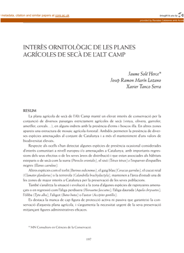 Interès Ornitològic De Les Planes Agrícoles De Secà De L'alt Camp