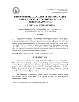 Physicochemical Analysis of Drinking Water Supplied in Urban Towns of Bharatpur District (Rajasthan)