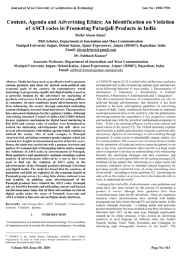 Content, Agenda and Advertising Ethics: an Identification on Violation of ASCI Codes in Promoting Patanjali Products in India