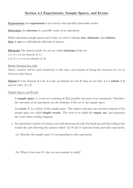 Section 4.1 Experiments, Sample Spaces, and Events