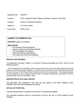 Application No: 14/4247N Location: 139 A, Wistaston Road, Willaston, Nantwich, Cheshire, CW5 6QS Proposal: Erection of Detached