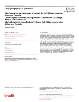 Glacilacustrine Environment of Part of the Oak Ridges Moraine, Southern