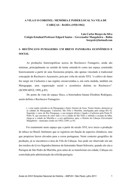 Memória E Poder Local Na Vila De Cabeças – Bahia (1920-1962)