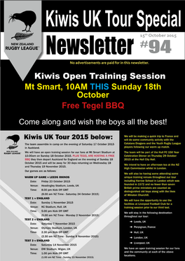 Kiwis Open Training Session Mt Smart, 10AM THIS Sunday 18Th October Free Tegel BBQ