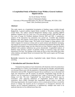 A Longitudinal Study of Database Usage Within a General Audience Digital Library Abstract 1. Introduction and Literature Revie