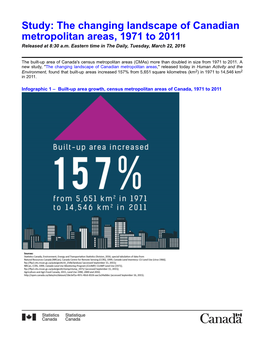 Study: the Changing Landscape of Canadian Metropolitan Areas, 1971 to 2011 Released at 8:30 A.M