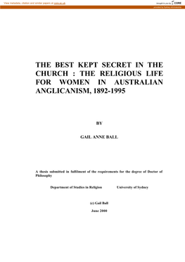 The Religious Life for Women in Australian Anglicanism, 1892-1995