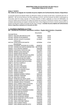 MINISTÉRIO PÚBLICO DO ESTADO DE SÃO PAULO CONCURSO PÚBLICO Nº 01/2015 Edital Nº 30/2015 Ref. Edital De Divulgação Do