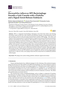 Haemophilus Influenzae HP1 Bacteriophage Encodes a Lytic