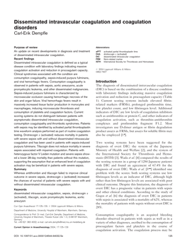 Disseminated Intravascular Coagulation and Coagulation Disorders Carl-Erik Dempfle