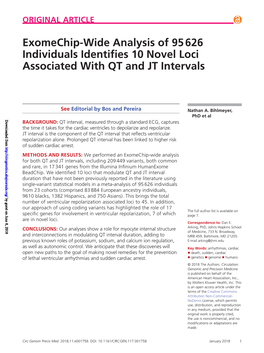 Exomechip-Wide Analysis of 95 626 Individuals Identifies 10 Novel Loci Associated with QT and JT Intervals