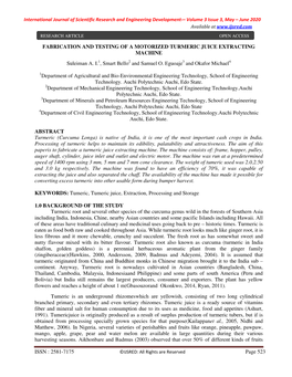 FABRICATION and TESTING of a MOTORIZED TURMERIC JUICE EXTRACTING MACHINE Suleiman A