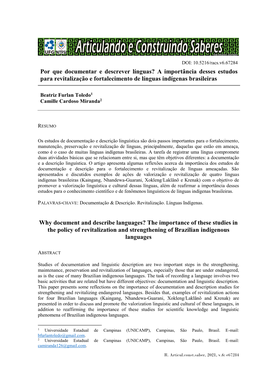 Por Que Documentar E Descrever Línguas? a Importância Desses Estudos Para Revitalização E Fortalecimento De Línguas Indígenas Brasileiras
