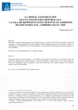 La Difícil Construcción De Una Institución Republicana. La Sala De Representantes Durante El Gobierno De José María Paz, Córdoba Hacia 1830'