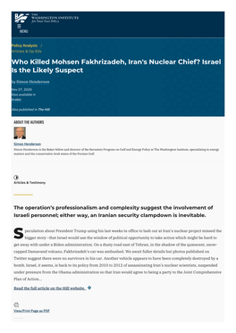 Who Killed Mohsen Fakhrizadeh, Iran's Nuclear Chief? Israel Is the Likely Suspect by Simon Henderson