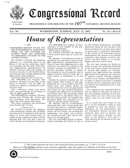 Congressional Record United States Th of America PROCEEDINGS and DEBATES of the 107 CONGRESS, SECOND SESSION