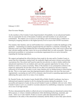 Letter from Dr. Joseph Meloche to Governor Murphy February 9, 2021