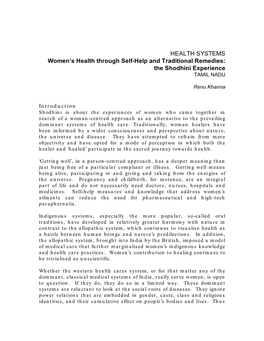 HEALTH SYSTEMS Women's Health Through Self-Help and Traditional