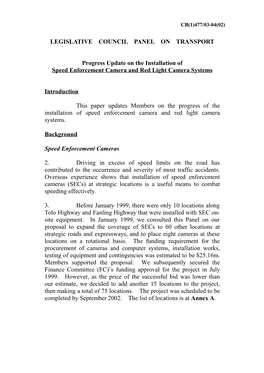 LEGISLATIVE COUNCIL PANEL on TRANSPORT Progress Update on the Installation of Speed Enforcement Camera and Red Light Camera