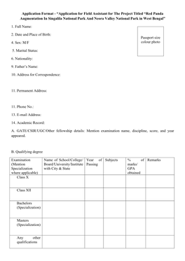 “Application for Field Assistant for the Project Titled “Red Panda Augmentation in Singalila National Park and Neora Valley National Park in West Bengal”