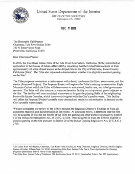 Tule River Indian Tribe Decision Letter