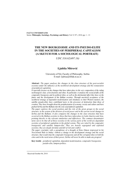 The New Bourgeoisie and Its Pseudo-Elite in the Societies of Peripheral Capitalism (A Sketch for a Sociological Portrait) Udc 316.62(497.16)