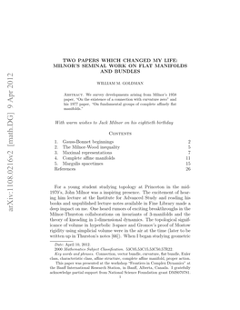 Arxiv:1108.0216V2 [Math.DG] 9 Apr 2012 Rte Pi Hrtnsnts[6) Hnibgnsuyn Geometr Be Studying to Began (Later I Time When the [66])