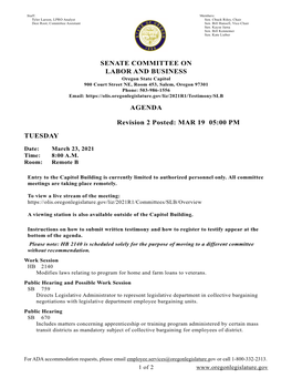 SENATE COMMITTEE on LABOR and BUSINESS AGENDA Revision 2 Posted: MAR 19 05:00 PM TUESDAY