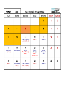 Calendari Ruta Bibliobús Pere Quart 2021