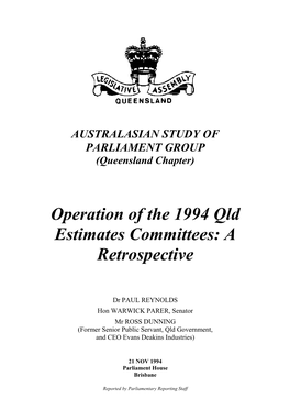 Operation of the 1994 Qld Estimates Committees: a Retrospective