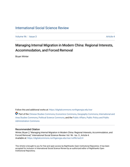 Managing Internal Migration in Modern China: Regional Interests, Accommodation, and Forced Removal