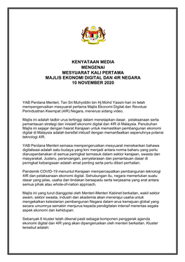 Mesyuarat Kali Pertama Majlis Ekonomi Digital Dan 4Ir Negara 10 November 2020