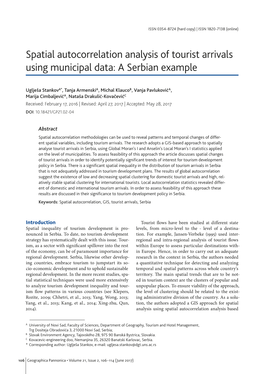 Spatial Autocorrelation Analysis of Tourist Arrivals Using Municipal Data: a Serbian Example