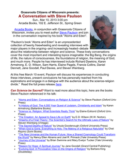 A Conversation with Steve Paulson Sun., Mar 10, 2013 3:00 Pm Arcadia Books, 102 E