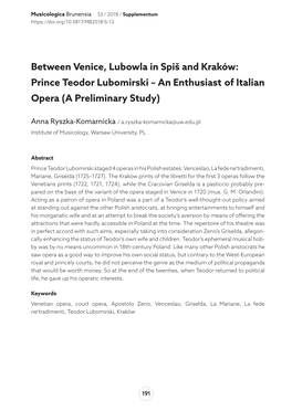 Between Venice, Lubowla in Spiš and Kraków: Prince Teodor Lubomirski – an Enthusiast of Italian Opera (A Preliminary Study)