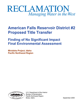 American Falls Reservoir District #2 Proposed Title Transfer FONSI and EA