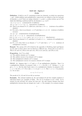 MAT 240 - Algebra I Fields Deﬁnition