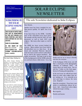 SOLAR ECLIPSE NEWSLETTER SOLAR ECLIPSE April 2002 NEWSLETTER