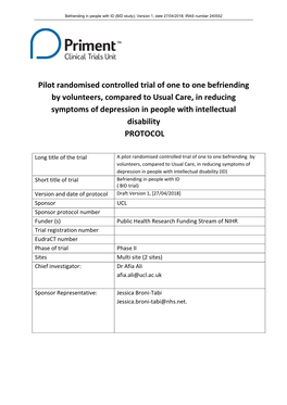 Pilot Randomised Controlled Trial of One to One Befriending by Volunteers, Compared to Usual Care, in Reducing Symptoms of Depre