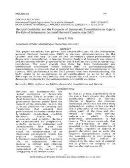 Electoral Credibility and the Prospects of Democratic Consolidation in Nigeria: the Role of Independent National Electoral Commission (INEC)