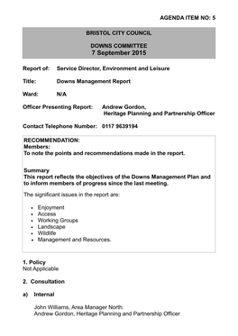 Clifton and Durdham Downs, Bristol Scrub Management Plan 2015