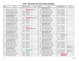 2018 - 2019 Days of Rotation Calendar