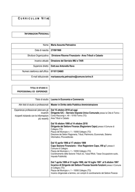 C U R R I C U L U M VI T AE Nome Maria Assunta Petrozzino Data Di Nascita 27/09/1968 Struttura Organizzativa Divisione Risorse